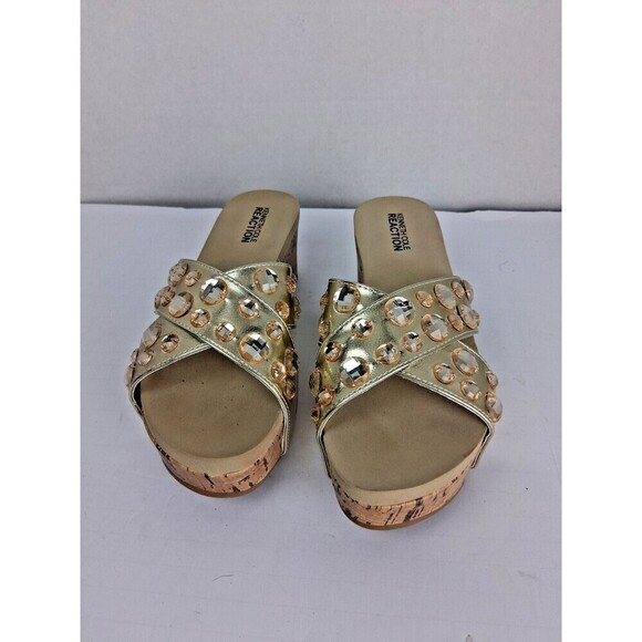 Womens Kenneth Cole Reaction Sandles with Gold Jewels & Cork Wedge 7M 2in Heels. - Picture 3 of 8